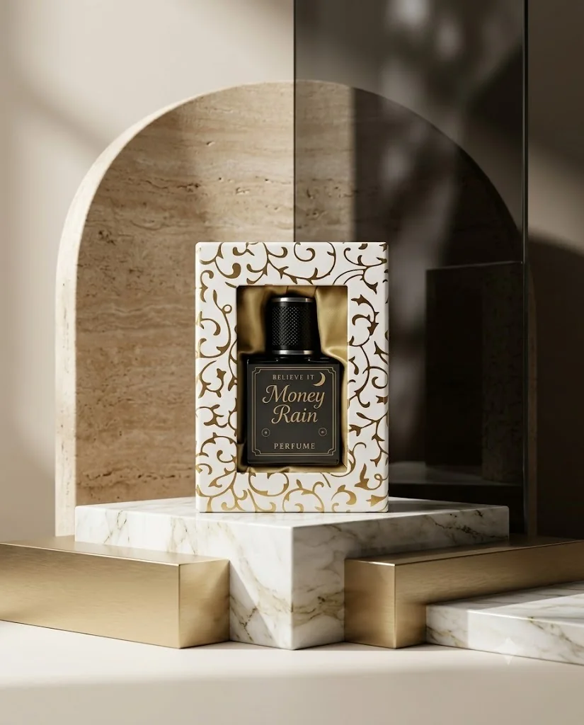Money rain perfume product photograph